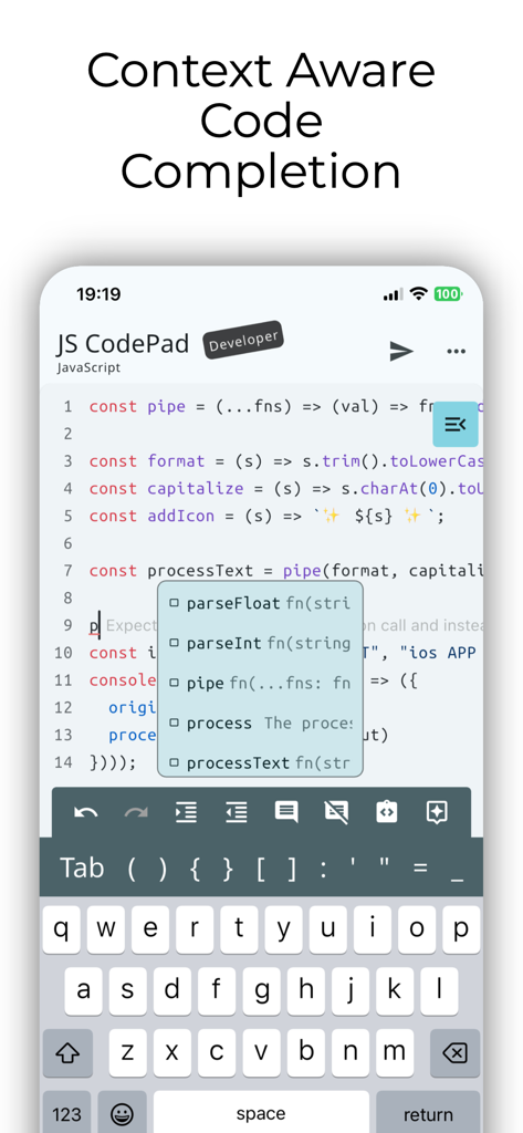 JavaScript Coding Editor & IDE - IDE JavaScript mobile montrant des suggestions de complétion de code et d'autocomplétion contextuelles