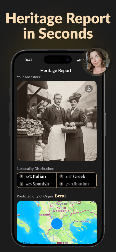 Une interface d'application mobile affichant un rapport d'héritage généré par IA, comprenant un portrait ancestral et une carte de répartition des nationalités