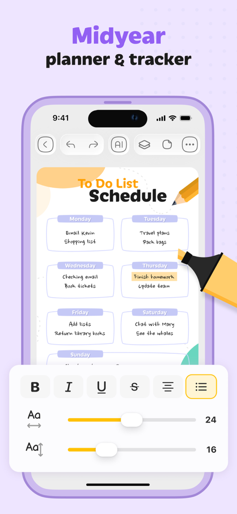 Digital Planner app showing a weekly to-do list schedule with creative editing tools