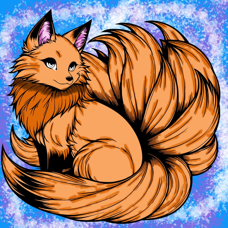 realistic detailed 9 tailed anime fox