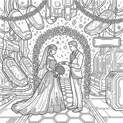 Embark on an extraordinary coloring adventure with this unique wedding scene set in a futuristic cryosleep colony. This intricate design beautifully blends traditional romance with sci-fi wonder, perfect for creative minds.