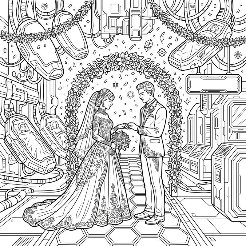 Embark on an extraordinary coloring adventure with this unique wedding scene set in a futuristic cryosleep colony. This intricate design beautifully blends traditional romance with sci-fi wonder, perfect for creative minds.