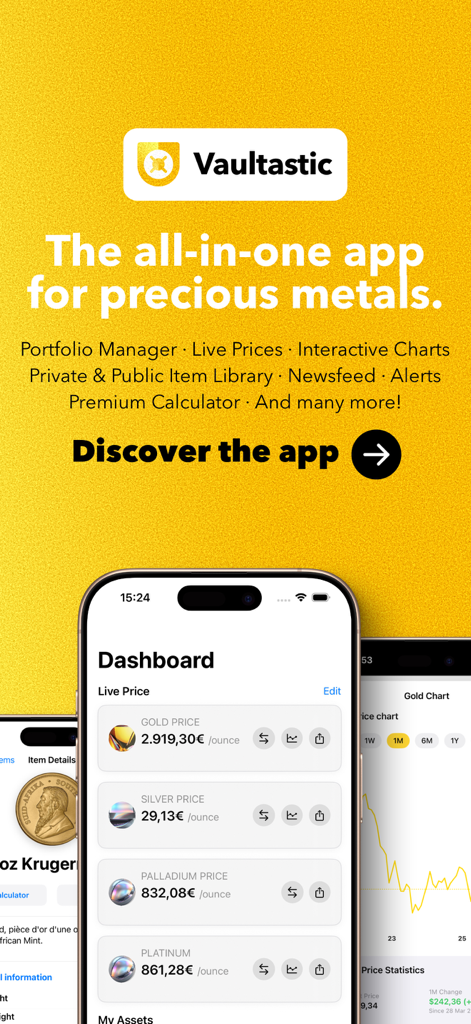 Vaultastic - Vaultastic app dashboard showing real time prices for gold silver palladium and platinum