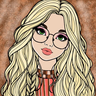 girl with long hair and freckles and glasses realistic