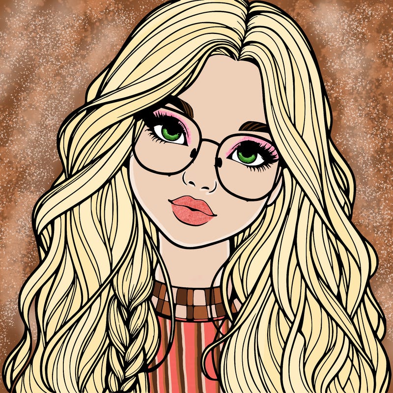girl with long hair and freckles and glasses realistic