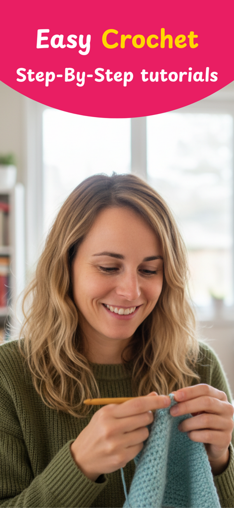 A young woman smiling while crocheting with a hook and blue yarn under the text Easy Crochet Step-By-Step tutorials.
