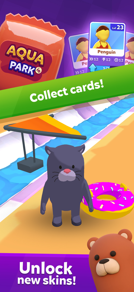 In-game screenshot of aquapark.io showing character skins like a black cat and collectible player cards.