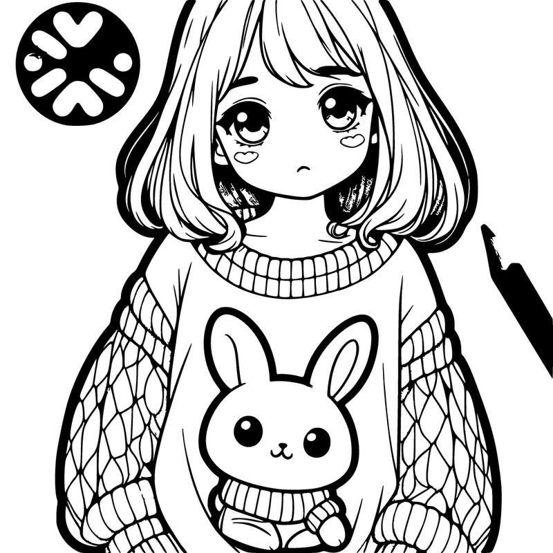 a realistic girl wearing a large sweater with a cute bunny on it