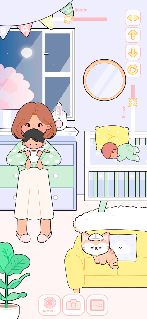 Kawaii chibi girl holding a baby in a decorated nursery room with a sleeping cat and baby crib