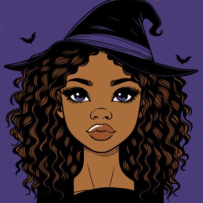 realistic black girl with wavy hair and witch hat and nose and lips