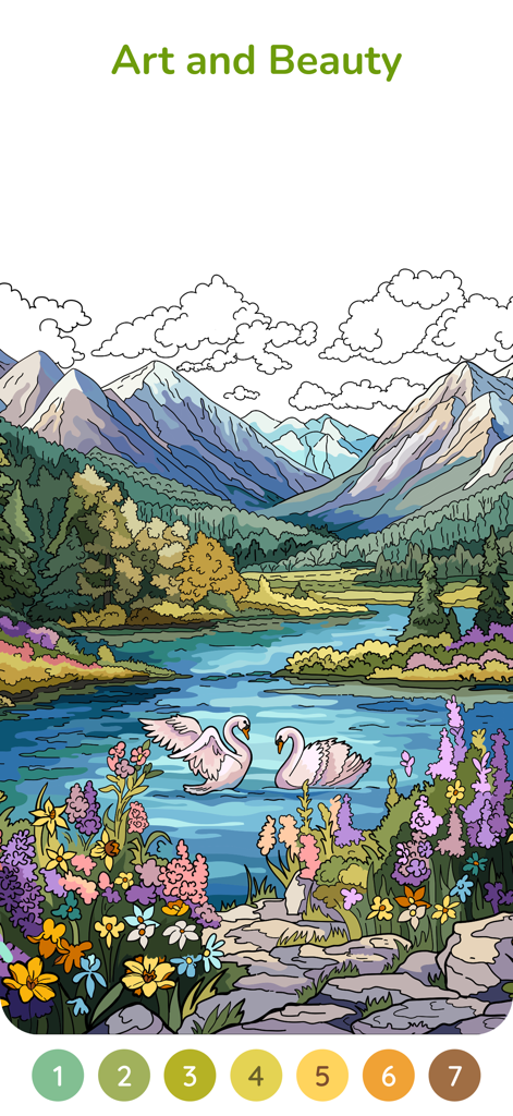 Eine Naturlandschaft mit Bergen und Schwänen zum Malen nach Zahlen