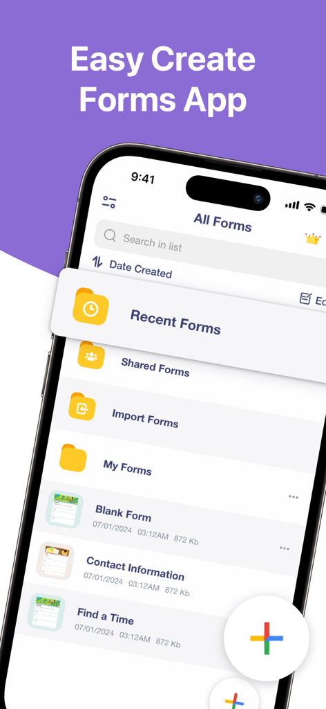 Dashboard of the Forms App on iPhone showing folders for recent and shared forms with a create button
