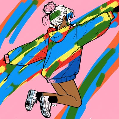 realistic girl jumping with a bun and oversized sweatshirt