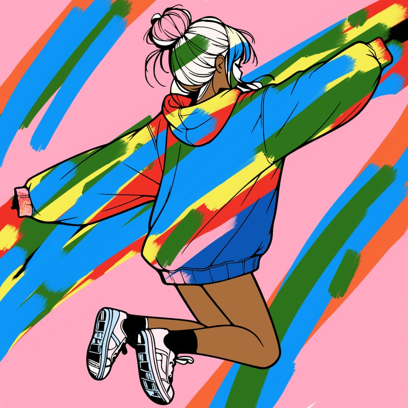 realistic girl jumping with a bun and oversized sweatshirt