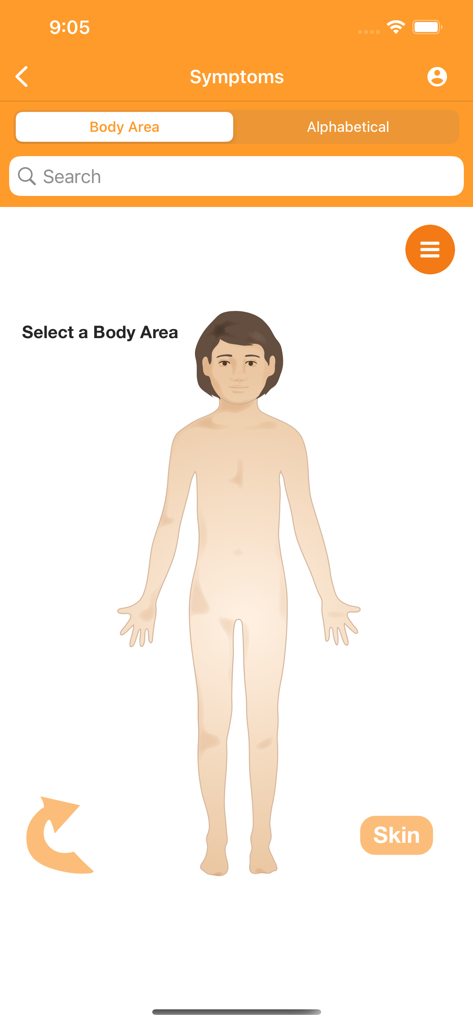 KidsDoc app symptom checker showing an interactive child body map for selecting symptoms by area