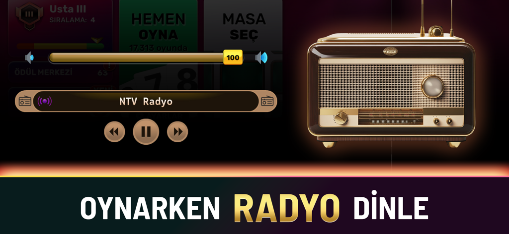 Screenshot dell'app Okey Elit che mostra un lettore radio integrato e una grafica di radio vintage per ascoltare musica mentre si gioca
