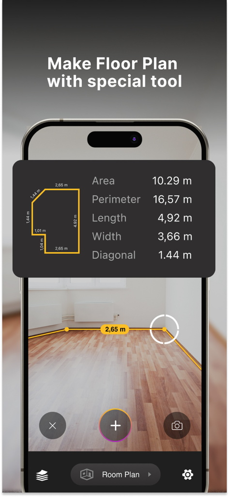 Measuring Tape: Digital Ruler - Measuring Tape app interface showing a digital floor plan with area and perimeter calculations using AR technology.