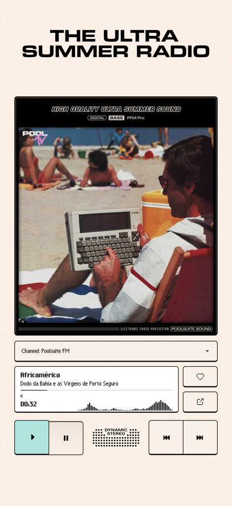 Poolsuite FM - A mobile app interface for Poolsuite FM showing a retro-themed music player with a vintage beach scene and old-school digital controls.