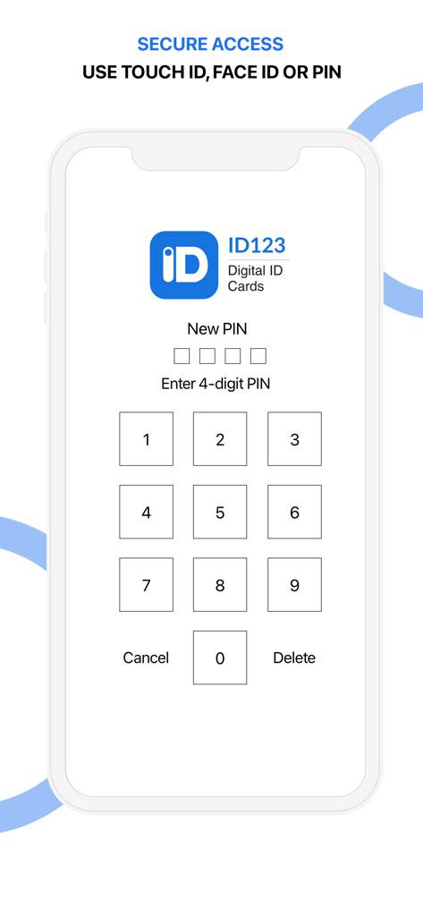 ID123 Digital ID Card App - The ID123 Digital ID Card App security screen showing a numeric keypad for entering a 4-digit PIN for secure access.