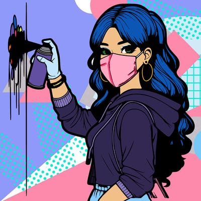 realistic girl with mask spray painting a wall