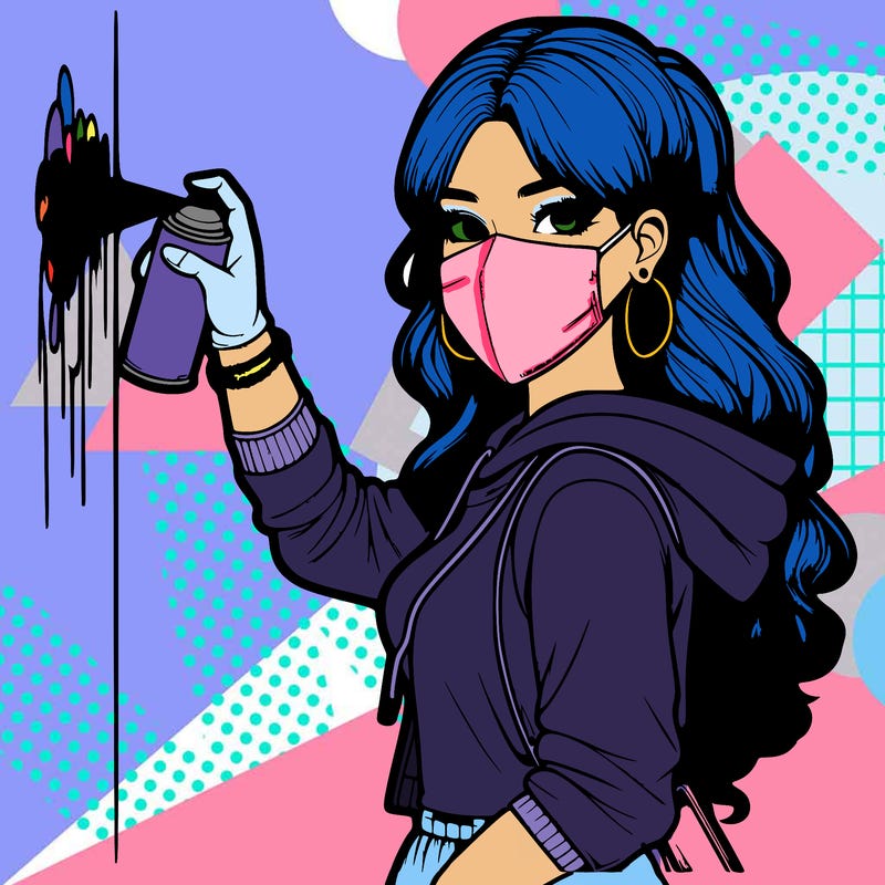 realistic girl with mask spray painting a wall