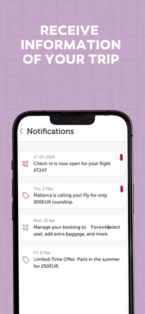Royal Air Maroc - ロイヤル・エア・モロッコアプリで旅行通知と旅行オファーを表示するスマートフォン。
