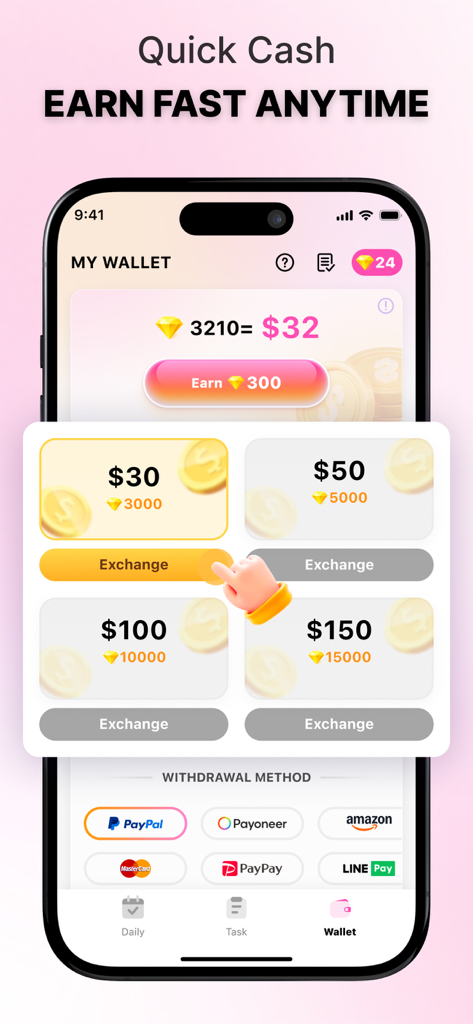 StepPay mobile app screen showing diamond points being exchanged for cash rewards and various withdrawal methods like PayPal and Amazon