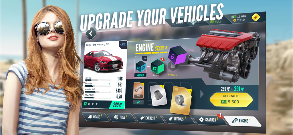 Rebel Racing mobile game interface for upgrading car engines and components
