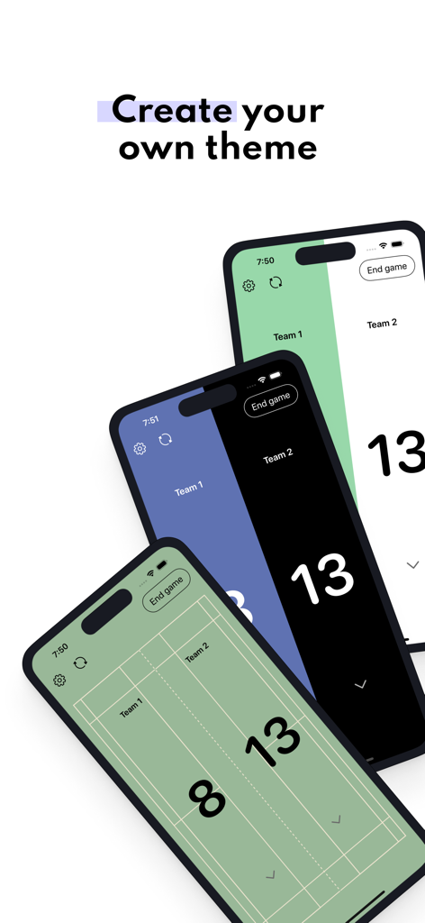 Badminton Score - Track Points - Three iPhone screens displaying different color themes and court layouts for the Badminton Score app