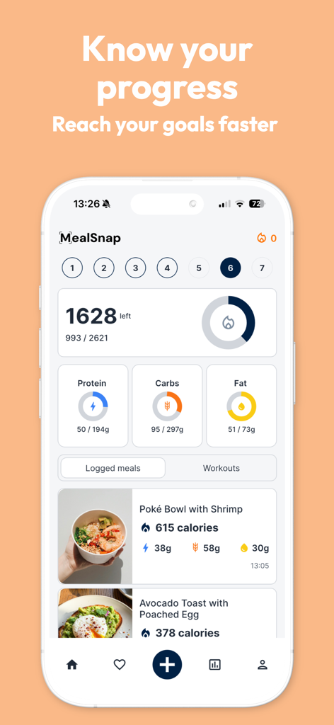MealSnap: Plan & Track Meals - Panel de la aplicación MealSnap que muestra el progreso diario de calorías, desgloses de macros y comidas registradas recientemente.