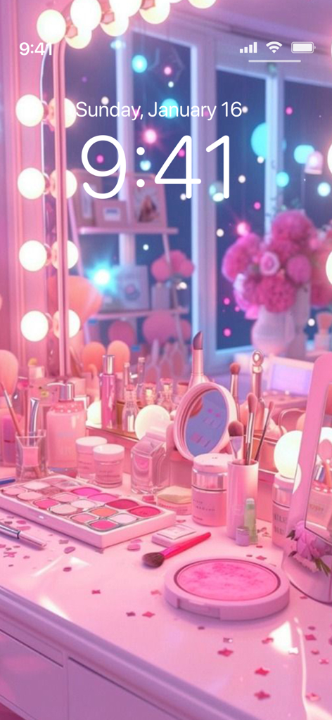 Pink Aesthetic Wallpapers 4K - Tocador de maquillaje estético rosa con luces brillantes y productos de belleza
