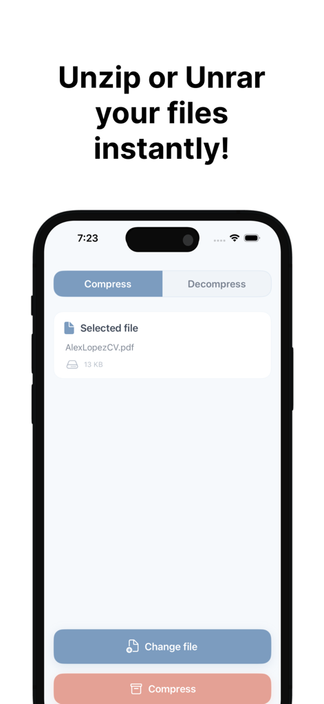 ZIP & RAR Extractor Unzip File - Una pantalla móvil de la aplicación Extractor de ZIP y RAR que muestra la interfaz para comprimir un archivo PDF seleccionado.