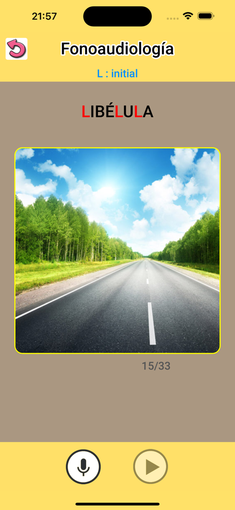 Fonoaudiología : ejercicios CL - Spanish speech therapy app screen for practicing the L phoneme