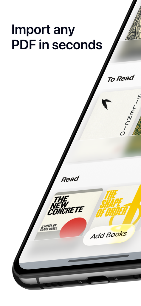 Paged - PDF Library & Reader - Oberfläche der Paged-App, die ein visuelles digitales Bücherregal mit einer Schaltfläche zum Importieren und Hinzufügen neuer PDF-Bücher zeigt