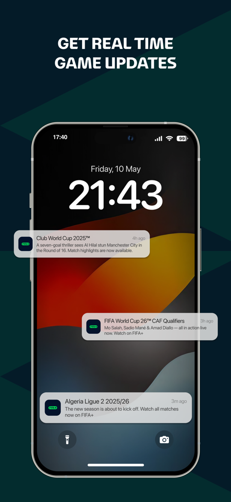 FIFA+ Stream Live Football TV - Pantalla de bloqueo del iPhone mostrando notificaciones en tiempo real de la app FIFA plus para resultados de fútbol y actualizaciones de partidos
