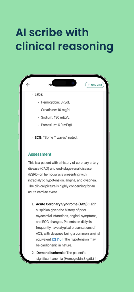 EvidenceMD- Medical Reasoning - A mobile screen showing the EvidenceMD app interface with an AI-generated clinical assessment and medical reasoning including citations