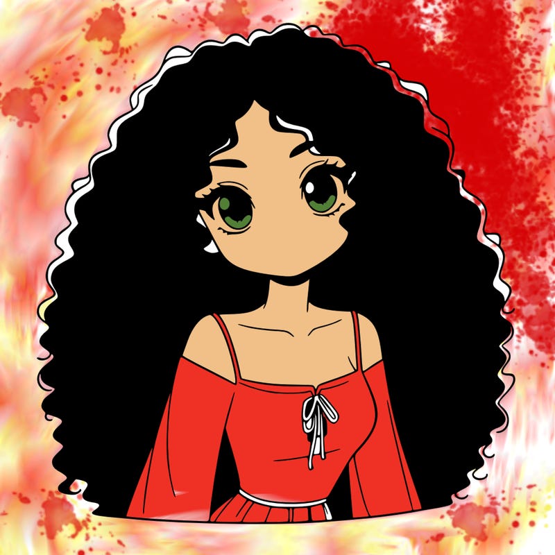 a black anime girl with long afro hair