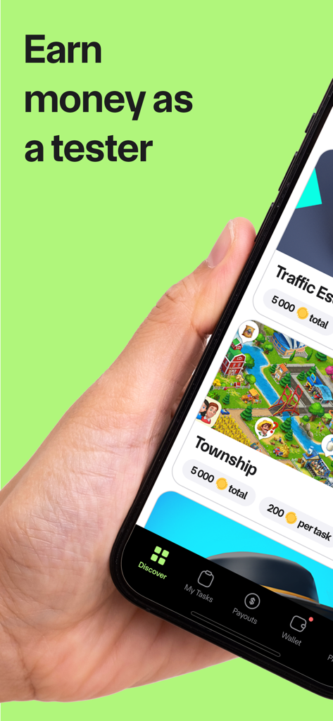 A hand holding a smartphone displaying the Test em All app interface with game testing tasks and the text Earn money as a tester