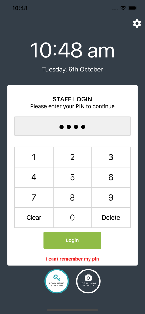 Gig Grafter Punch Clock - Gig Grafter Punch Clock staff login screen featuring a numeric PIN entry keypad and facial ID login options