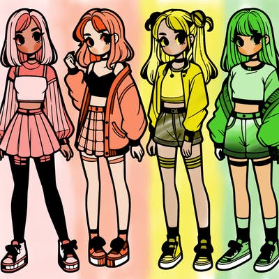 one girl with crop-top shirt and a jacket with a skirt, long socks and another girl with a shirt and pants with a jacket