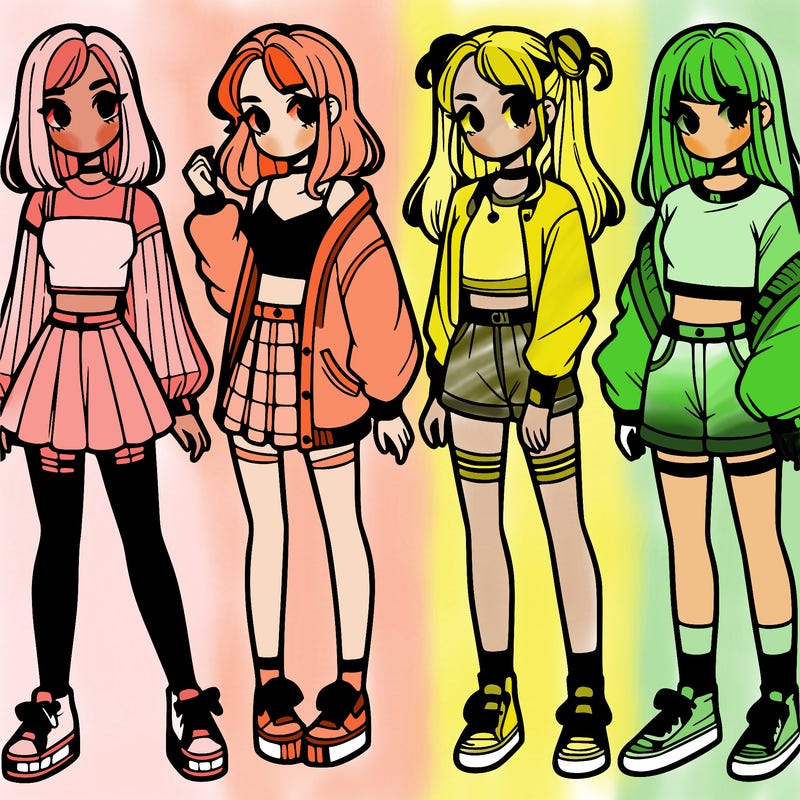 one girl with crop-top shirt and a jacket with a skirt, long socks and another girl with a shirt and pants with a jacket