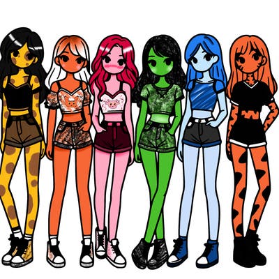 a group of girls wearing crop tops and shorts