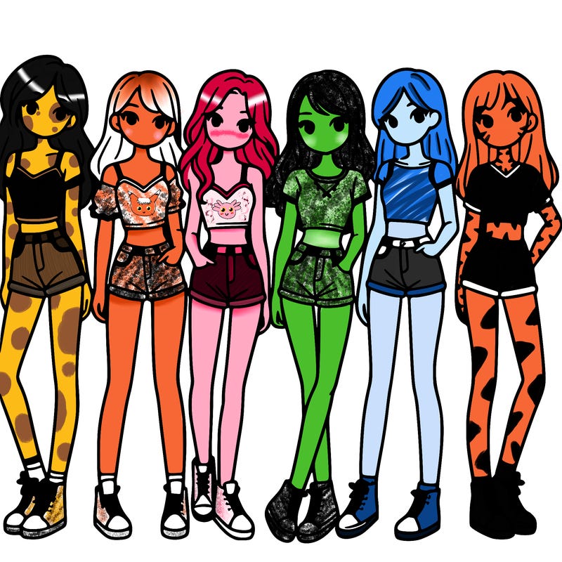 a group of girls wearing crop tops and shorts