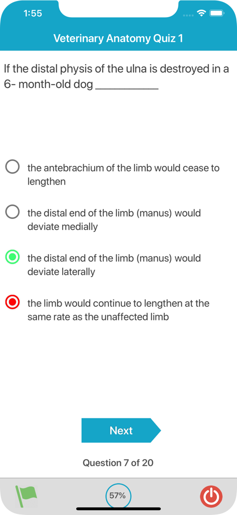 Captura de tela de uma pergunta do quiz de anatomia veterinária sobre anatomia canina com opções de múltipla escolha mostrando respostas corretas e incorretas.