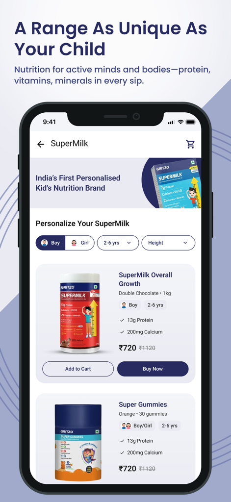 Gritzo mobile app interface showing personalized nutritional drinks and supplements for children