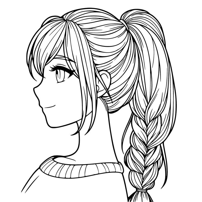 a realistic girl with a ponytail with a plait on the side