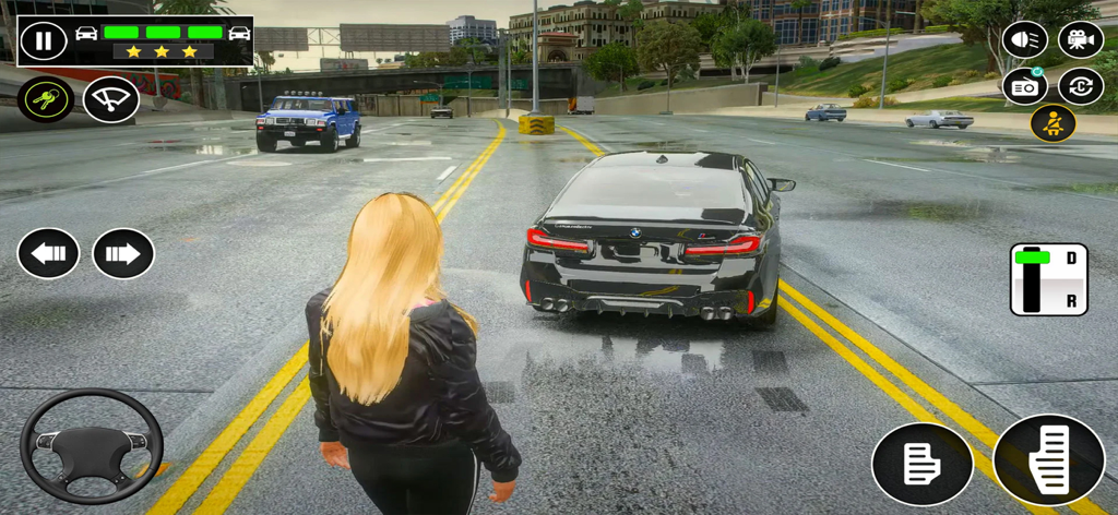 Gameplay screenshot of a 3D car driving simulator showing a character standing behind a black car on a city street