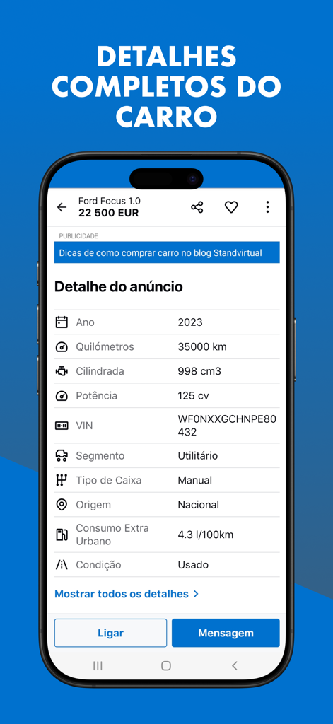 Standvirtual: Car Marketplace - Pantalla móvil que muestra detalles completos del coche y botones de contacto en la aplicación Standvirtual.