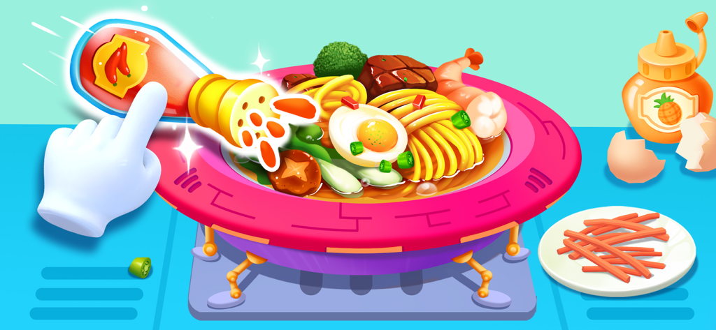 A cartoon hand pouring sauce onto noodles in a pink UFO shaped pot