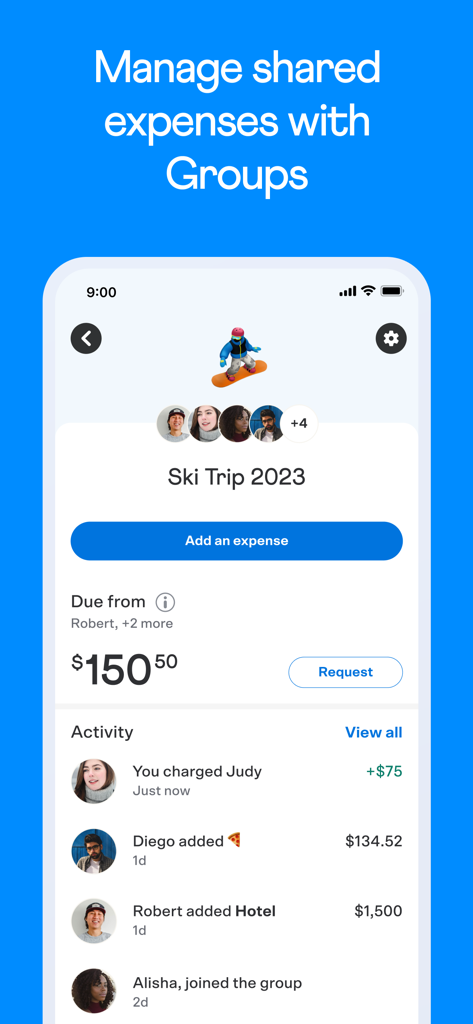 Venmo app interface showing a Ski Trip group for managing and splitting shared expenses with friends.
